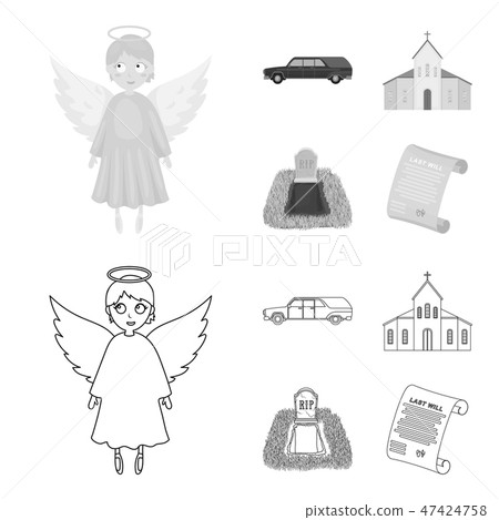 Black cadillac to transport the grave of the deceased, a church for a funeral ceremony, a grave with 47424758