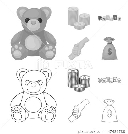 A pile of coins for donations, colored cubes with an inscription, a handshake, a bag of money for A pile of coins for donations, colored cubes with an inscription, a handshake, a bag of money for 47424788