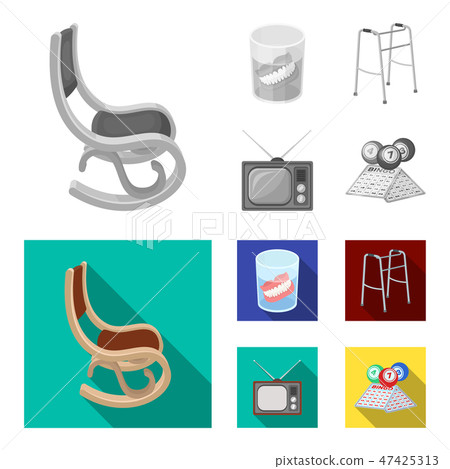 Denture, rocking chair, walker, old TV.Old age set collection icons in monochrome,flat style vector 47425313