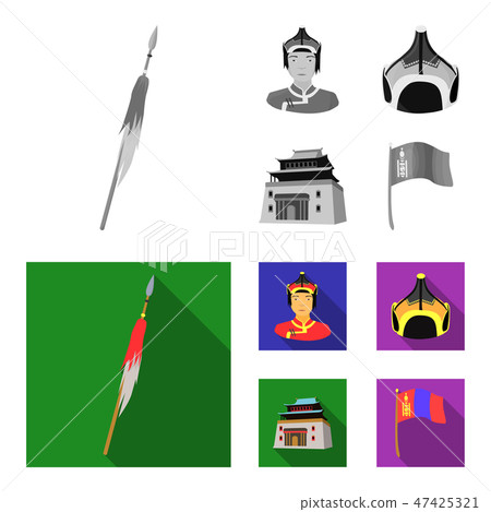 Military spear, Mongolian warrior, helmet, building.Mongolia set collection icons in monochrome,flat 47425321