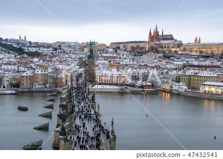 Czech snow makeup Prague Charles bridge and Prague castle Czech snow makeup Prague Charles bridge and Prague castle 47432541