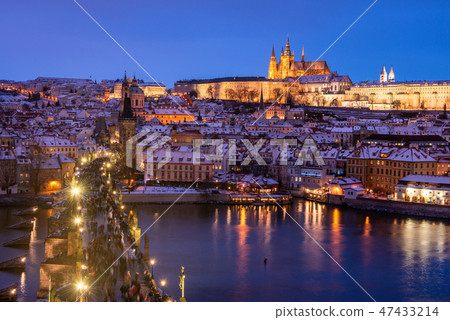 Czech snow makeup Prague Charles bridge and Prague castle 47433214