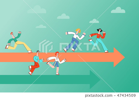 People running along arrows indicating correct direction of advance. 47434509