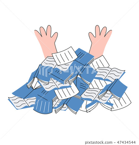 Overworked person under pile of papers documents and notebooks in flat style. 47434544