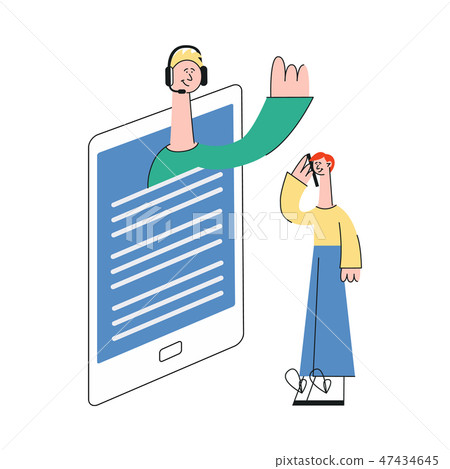 Online virtual assistant helping customer talking on telephone. Online virtual assistant helping customer talking on telephone. 47434645