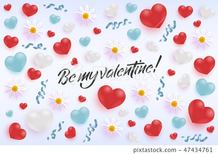 Happy Valentine Day greeting banner with realistic heart shapes, bows and flowers. 47434761