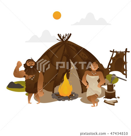 Ancient people standing near torch with fireplace in stone age. Ancient people standing near torch with fireplace in stone age. 47434810
