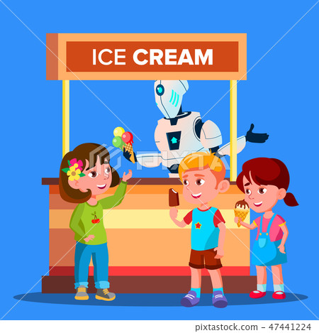 Robot Sells Ice Cream To Happy Boys And Girls Vector. Isolated Illustration Robot Sells Ice Cream To Happy Boys And Girls Vector. Isolated Illustration 47441224