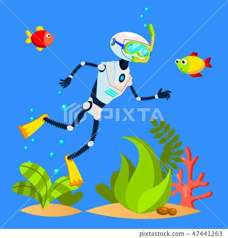 Robot Tourist Swimming Among Fish With Diving Mask Vector. Isolated Illustration 47441263