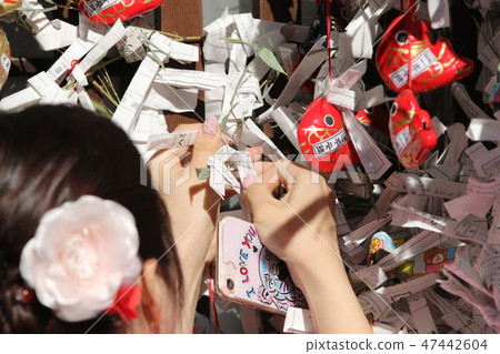 Woman tying fortunes, rear view 47442604