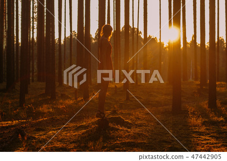 Young girl staying on the stump in forest 47442905