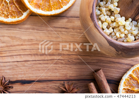 Frankincense resin in a mortar with copy space Frankincense resin in a mortar with copy space 47444213