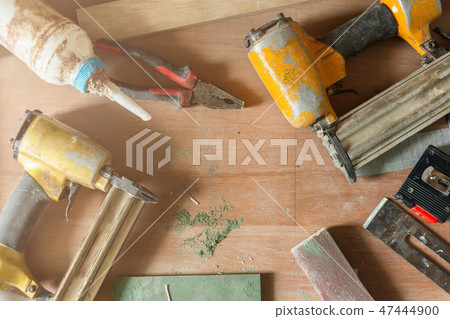 carpenter wooden desk with wooden tool flat lay  47444900