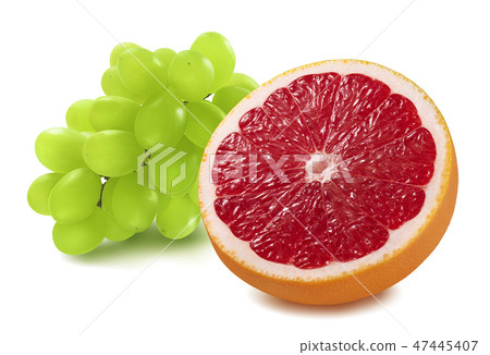 Grapefruit with green grapes isolated on white Grapefruit with green grapes isolated on white 47445407