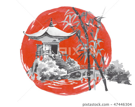 Japan traditional sumi-e painting. Fuji mountain, sakura, sunset. Japan sun. Indian ink illustration 47446304