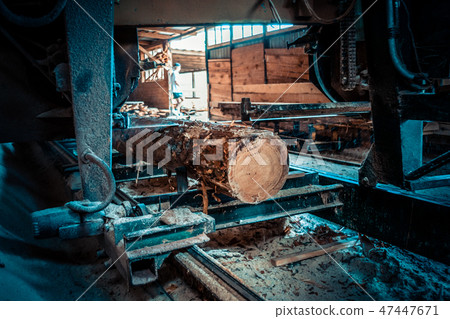 Sawmill. Process of machining logs in sawmill machine saws the tree trunk Sawmill. Process of machining logs in sawmill machine saws the tree trunk 47447671