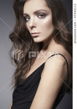 Fashion photo of beautiful lady in black dress. 47448113