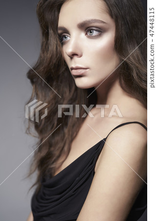 Fashion photo of beautiful lady in black dress. 47448115