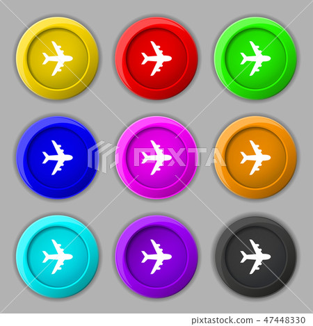 Plane icon sign. symbol on nine round colourful bu 47448330