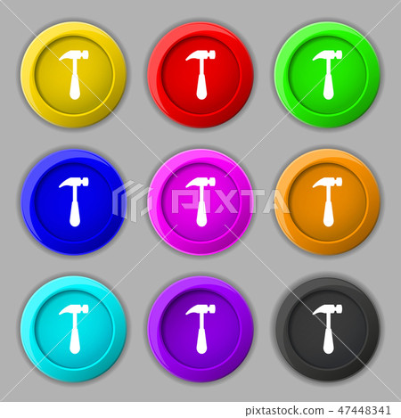 Hammer icon sign. symbol on nine round colourful b 47448341