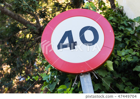 Speed limit traffic sign against green leaves Speed limit traffic sign against green leaves 47449704