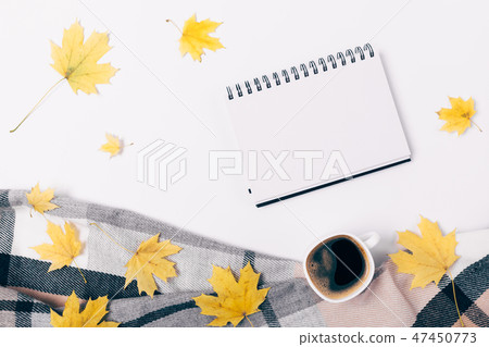 Flat lay autumn arrangement blank open notepad 47450773