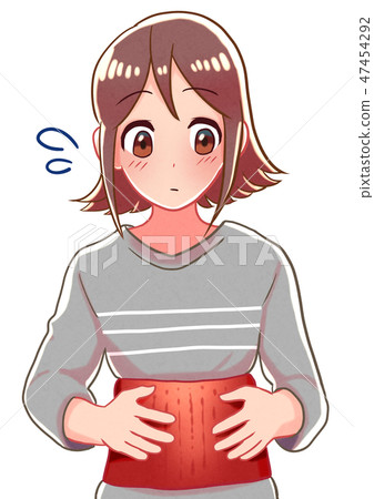Illustration of a girl who wears a belly band and warms her stomach 47454292