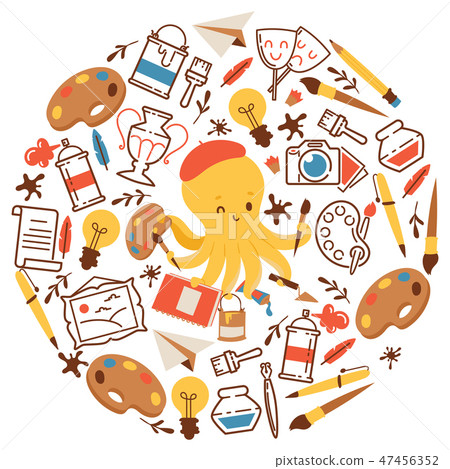 Octopus with art supplies, tools for painting, drawing, sketching vector illustration. Art classes 47456352