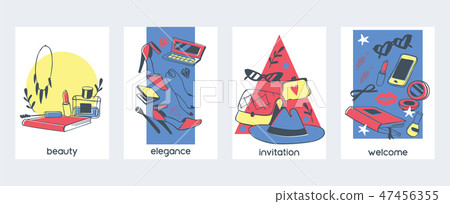 Accessories for girls set of cards vetor illustration. Woman stuff invitation and advertisement for Accessories for girls set of cards vetor illustration. Woman stuff invitation and advertisement for 47456355