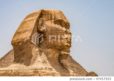 Egyptian Great Sphinx full body portrait head,with pyramids of Giza background Egypt empty with Egyptian Great Sphinx full body portrait head,with pyramids of Giza background Egypt empty with 47457935