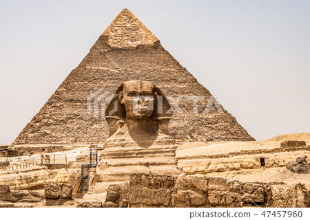 Egyptian Great Sphinx full body portrait head,with pyramids of Giza background Egypt empty with Egyptian Great Sphinx full body portrait head,with pyramids of Giza background Egypt empty with 47457960