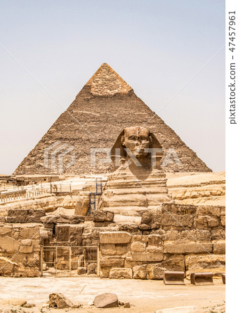Egyptian Great Sphinx full body portrait head,with pyramids of Giza background Egypt empty with 47457961