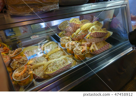 Sandwiches with crab, shrimp and seafood for sale at fishermans wharf 47458912