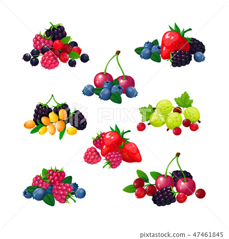 Fresh summer berries. Piles of raspberry currant strawberry gooseberry blackberry cranberry 47461845