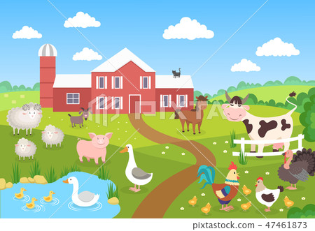 Farm animals with landscape. Horse pig duck chickens sheep. Cartoon village for children book. Farm Farm animals with landscape. Horse pig duck chickens sheep. Cartoon village for children book. Farm 47461873