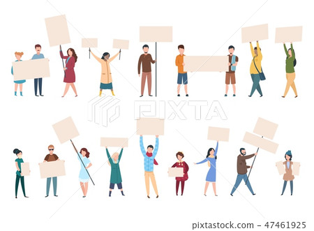People protest. Male female activists with banners and placards in politics manifestation. Political People protest. Male female activists with banners and placards in politics manifestation. Political 47461925