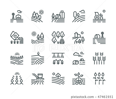 Farming landscape line icons. Rural houses, planting vegetables and wheat fields, cultivated crops Farming landscape line icons. Rural houses, planting vegetables and wheat fields, cultivated crops 47461931