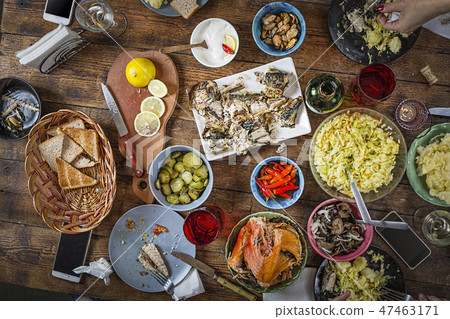 Easter table,Festive treat,party, snack, dishes Easter table,Festive treat,party, snack, dishes 47463171