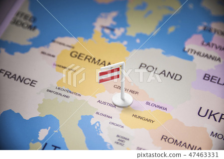 Austria marked with a flag on the map Austria marked with a flag on the map 47463331
