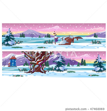 Set of posters with beautiful winter landscape and snowfall. Vector cartoon close-up illustration. 47468069