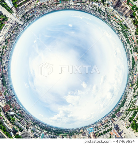 Aerial city view with crossroads and roads, houses, buildings, parks and parking lots. Sunny summer Aerial city view with crossroads and roads, houses, buildings, parks and parking lots. Sunny summer 47469654