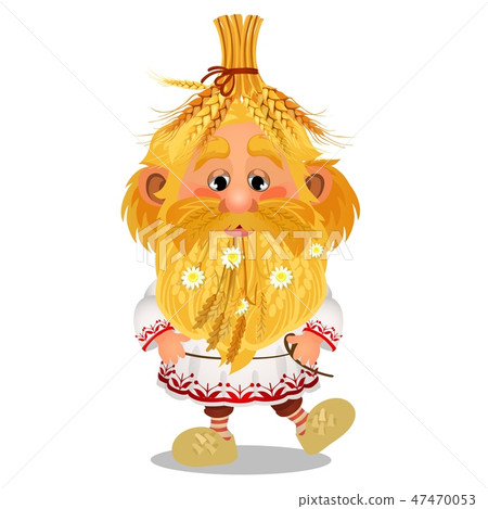Animated brownie with a cap of ripe wheat ears, chamomile flowers in the beard isolated on white 47470053