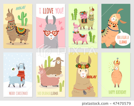 Llama cards. Baby llamas cute alpaca and cacti wild lama. Peru camel, girl party invitation vector 47470579