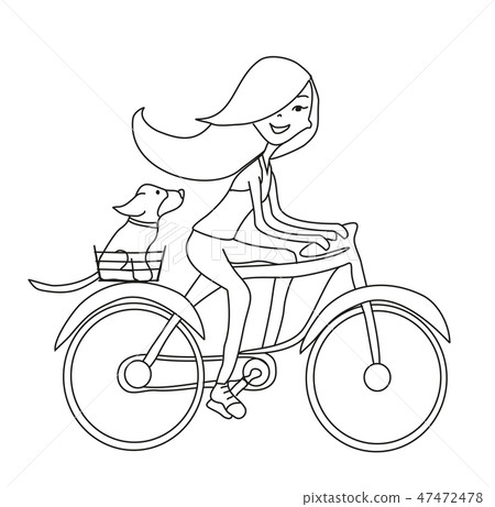 Girl Is Riding Bike Together With The Dog Stock Illustration