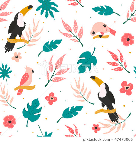 Tropical seamless pattern with birds and leaves - Stock Illustration ...