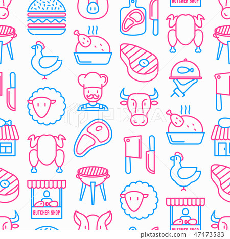 Butcher shop seamless pattern with thin line icons 47473583