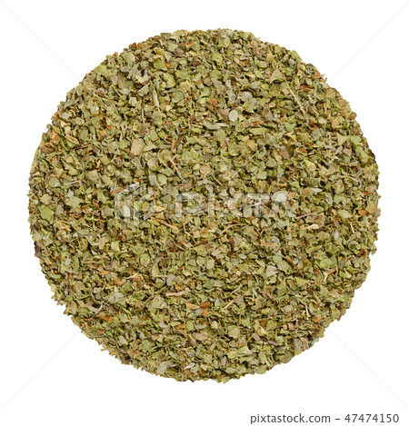 Dried marjoram, herb circle from above, over white Dried marjoram, herb circle from above, over white 47474150