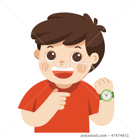 Happy boy showing wrist watch. Shows a time. Happy boy showing wrist watch. Shows a time. 47474651