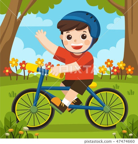 A boy having fun in spring park with bicycle. 47474660