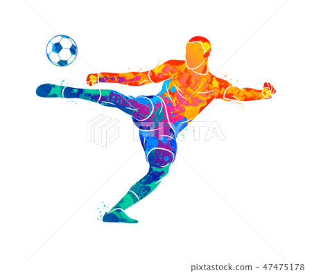 Abstract professional soccer player quick shooting a ball from splash of watercolors Abstract professional soccer player quick shooting a ball from splash of watercolors 47475178